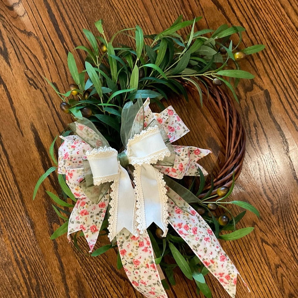Olive Leaf Wreath with Floral Ribbon Bow - White and Green
